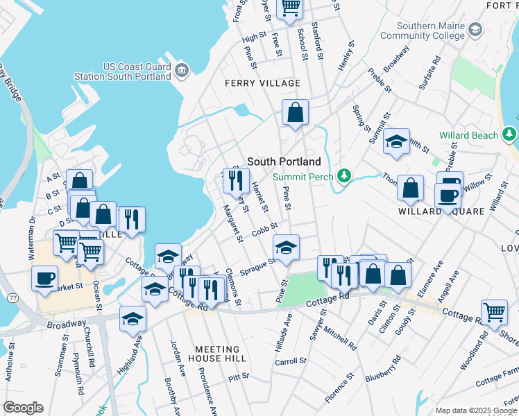 map of restaurants, bars, coffee shops, grocery stores, and more near 180 Harriet Street in South Portland