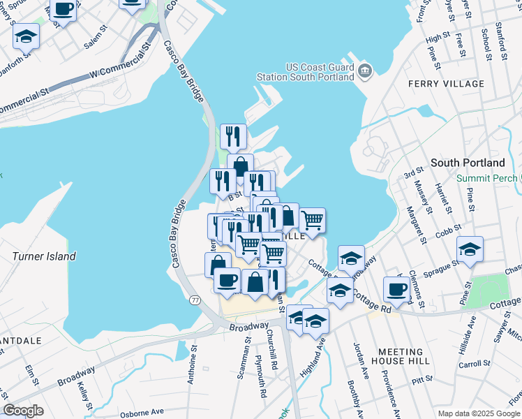 map of restaurants, bars, coffee shops, grocery stores, and more near 40 C Street in South Portland