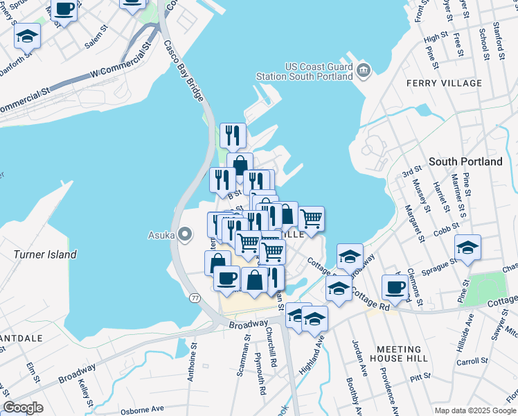 map of restaurants, bars, coffee shops, grocery stores, and more near 40 C Street in South Portland