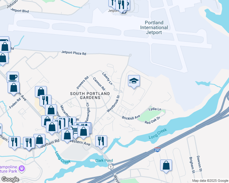 map of restaurants, bars, coffee shops, grocery stores, and more near 6 Liberty Lane in South Portland