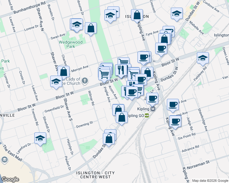 map of restaurants, bars, coffee shops, grocery stores, and more near 15 Acorn Avenue in Toronto