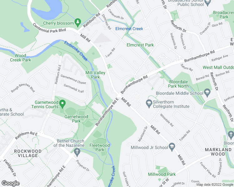 map of restaurants, bars, coffee shops, grocery stores, and more near 340 Mill Road in Toronto