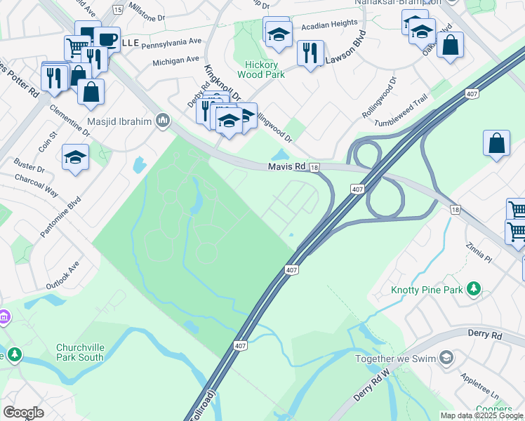 map of restaurants, bars, coffee shops, grocery stores, and more near 4 Cedar Lake Crescent in Brampton