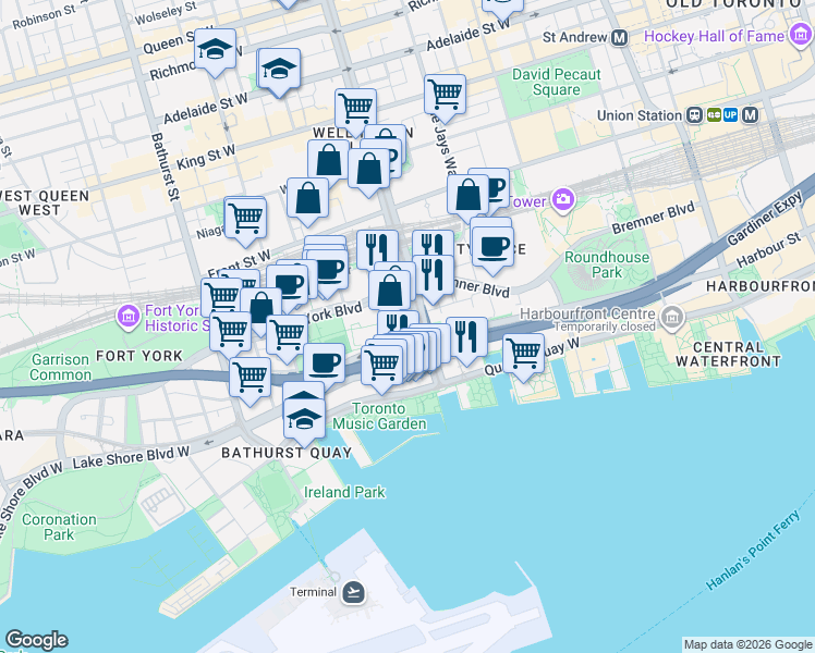 map of restaurants, bars, coffee shops, grocery stores, and more near 11 Brunel Court in Toronto