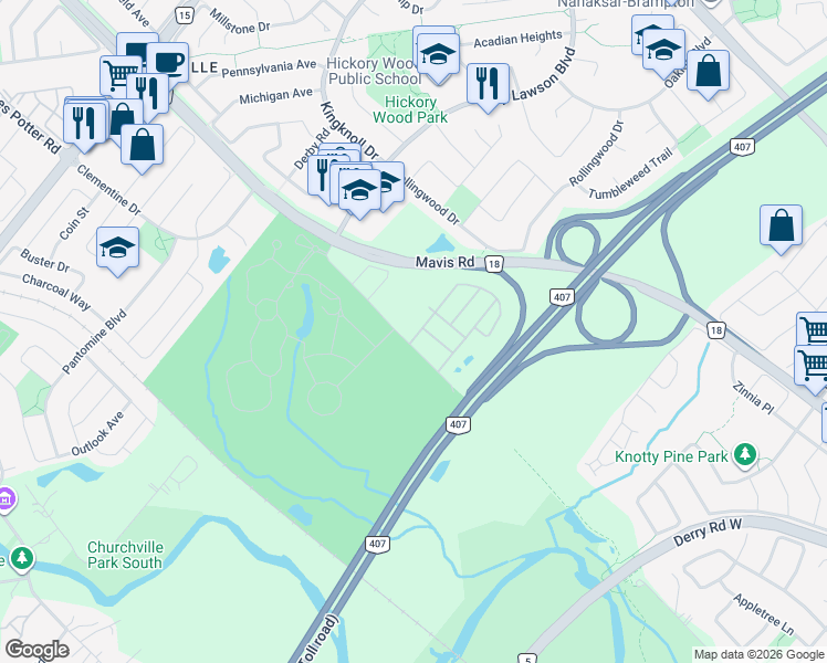 map of restaurants, bars, coffee shops, grocery stores, and more near 6 Cedar Lake Crescent in Brampton