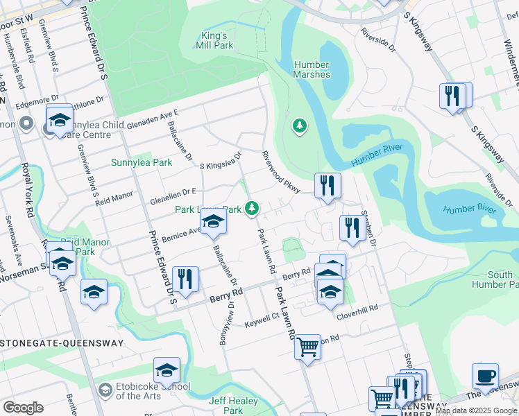 map of restaurants, bars, coffee shops, grocery stores, and more near 2 Kings Point Drive in Toronto
