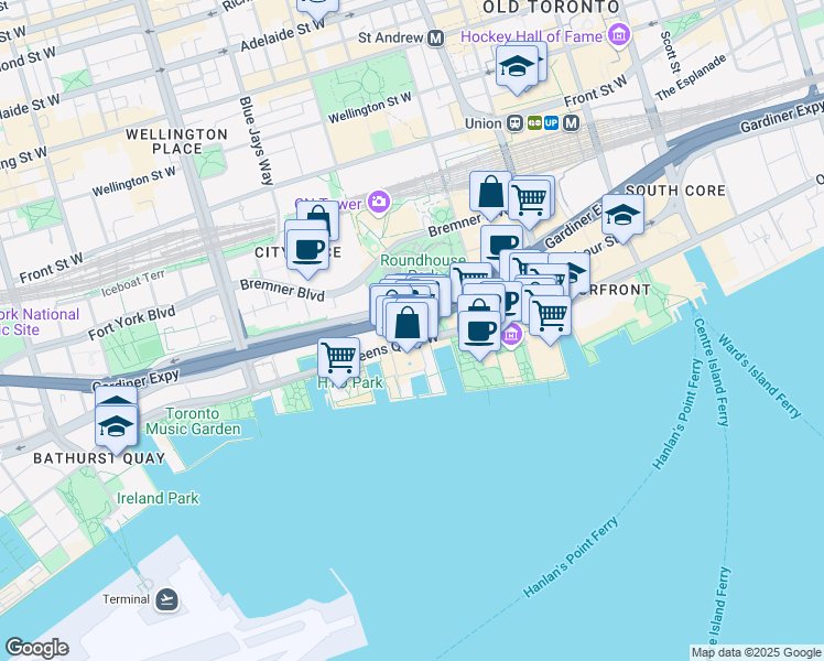 map of restaurants, bars, coffee shops, grocery stores, and more near 249 Queens Quay West in Toronto