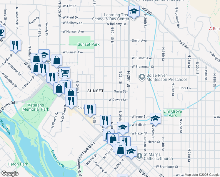 map of restaurants, bars, coffee shops, grocery stores, and more near 2109 North 30th Street in Boise