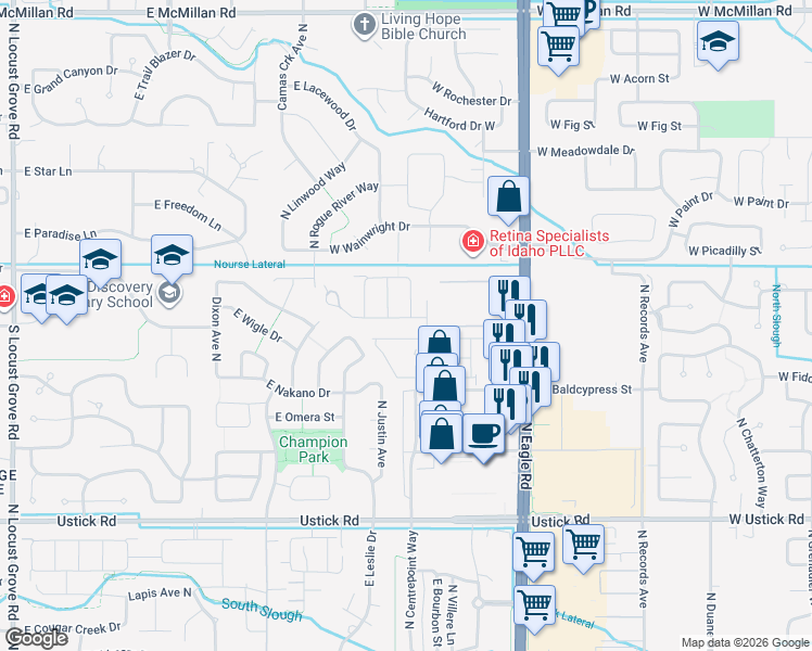 map of restaurants, bars, coffee shops, grocery stores, and more near 3715 North Centrepoint Way in Meridian