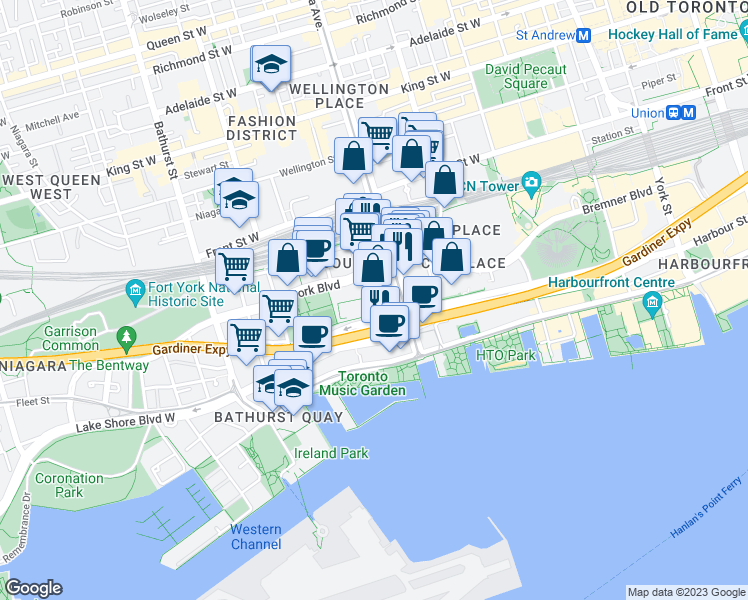 map of restaurants, bars, coffee shops, grocery stores, and more near 7 Brunel Court in Toronto
