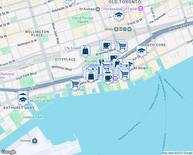 map of restaurants, bars, coffee shops, grocery stores, and more near 250 Queens Quay West in Toronto