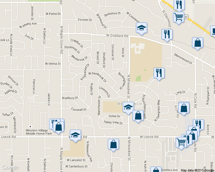 map of restaurants, bars, coffee shops, grocery stores, and more near 8425 West Pembrook Drive in Boise