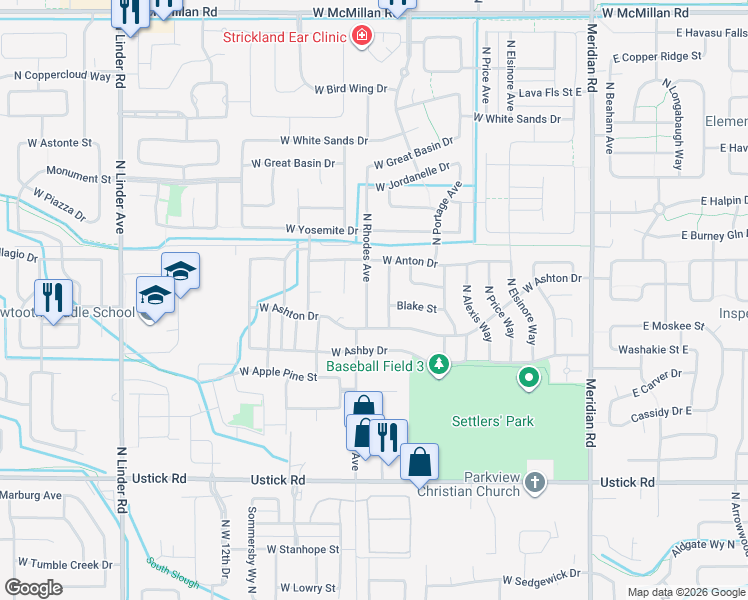 map of restaurants, bars, coffee shops, grocery stores, and more near 3804 North Rhodes Avenue in Meridian