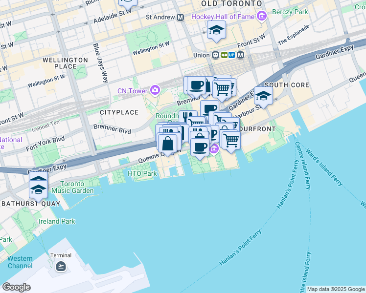 map of restaurants, bars, coffee shops, grocery stores, and more near 238 Queens Quay West in Toronto