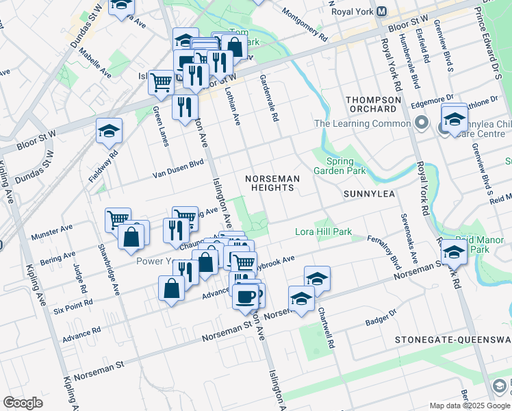 map of restaurants, bars, coffee shops, grocery stores, and more near 80 Lothian Avenue in Toronto
