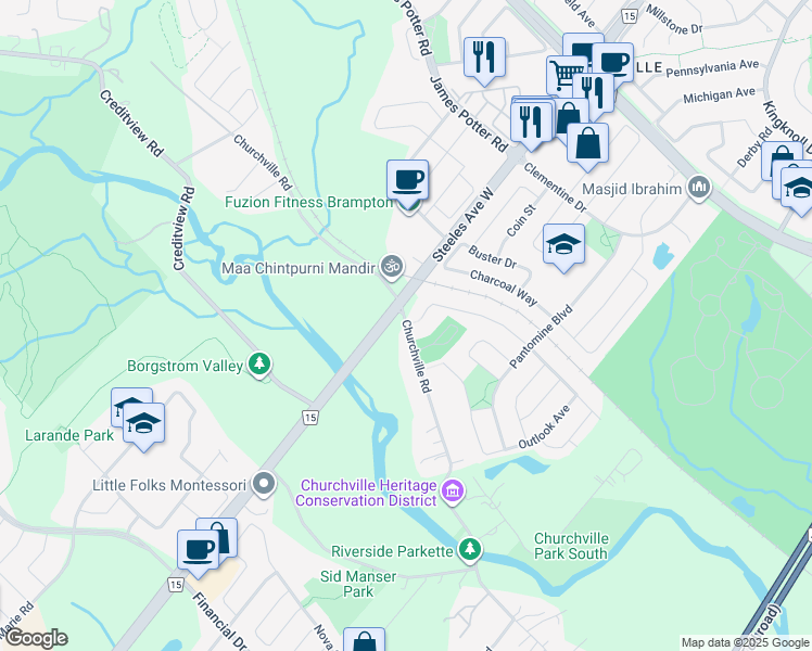 map of restaurants, bars, coffee shops, grocery stores, and more near Churchville Road in Brampton