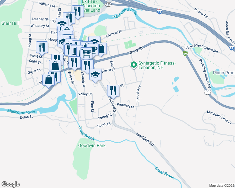 map of restaurants, bars, coffee shops, grocery stores, and more near 57 Elm Street in Lebanon