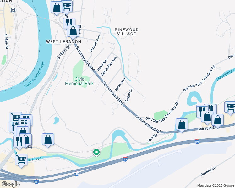 map of restaurants, bars, coffee shops, grocery stores, and more near 75 Seminary Hill Road in Lebanon