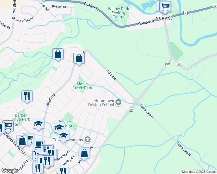 map of restaurants, bars, coffee shops, grocery stores, and more near 15351 Danby Road in Halton Hills