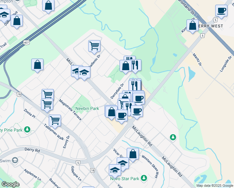 map of restaurants, bars, coffee shops, grocery stores, and more near 400 Derrydale Drive in Mississauga