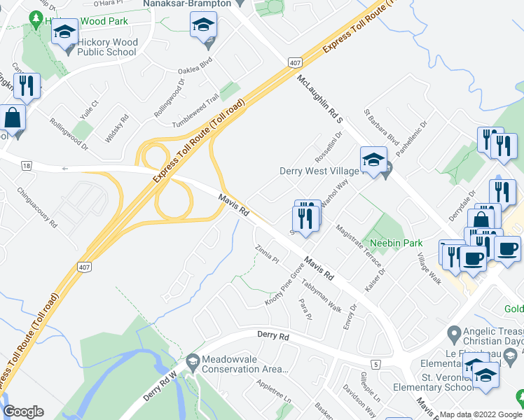 map of restaurants, bars, coffee shops, grocery stores, and more near 7512 Magistrate Terrace in Mississauga