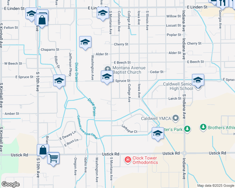 map of restaurants, bars, coffee shops, grocery stores, and more near 3412 Colorado Avenue in Caldwell