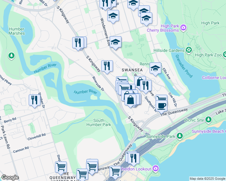 map of restaurants, bars, coffee shops, grocery stores, and more near 64 South Kingsway in Toronto