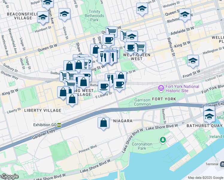 map of restaurants, bars, coffee shops, grocery stores, and more near 19 Western Battery Road in Toronto