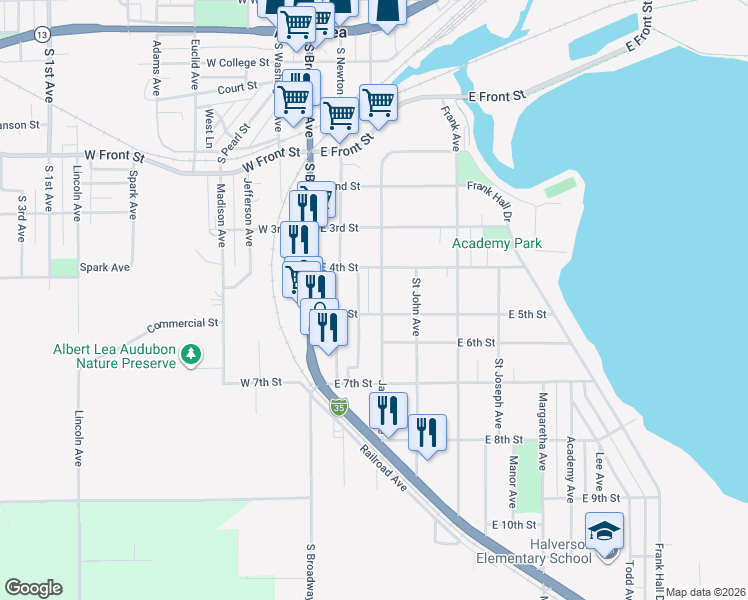 map of restaurants, bars, coffee shops, grocery stores, and more near 1018 James Avenue in Albert Lea