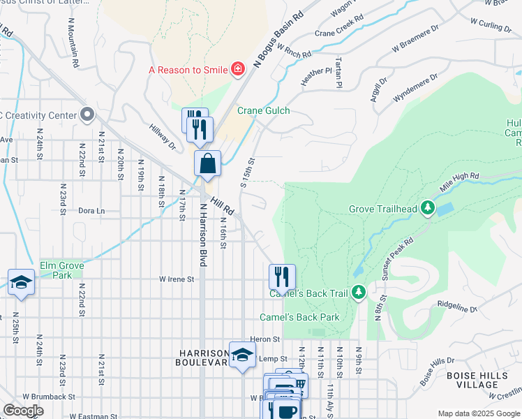 map of restaurants, bars, coffee shops, grocery stores, and more near 1413 Camel Back Lane in Boise