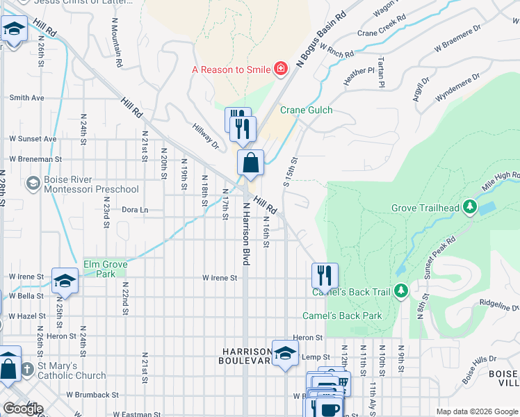 map of restaurants, bars, coffee shops, grocery stores, and more near 2260 North Harrison Boulevard in Boise