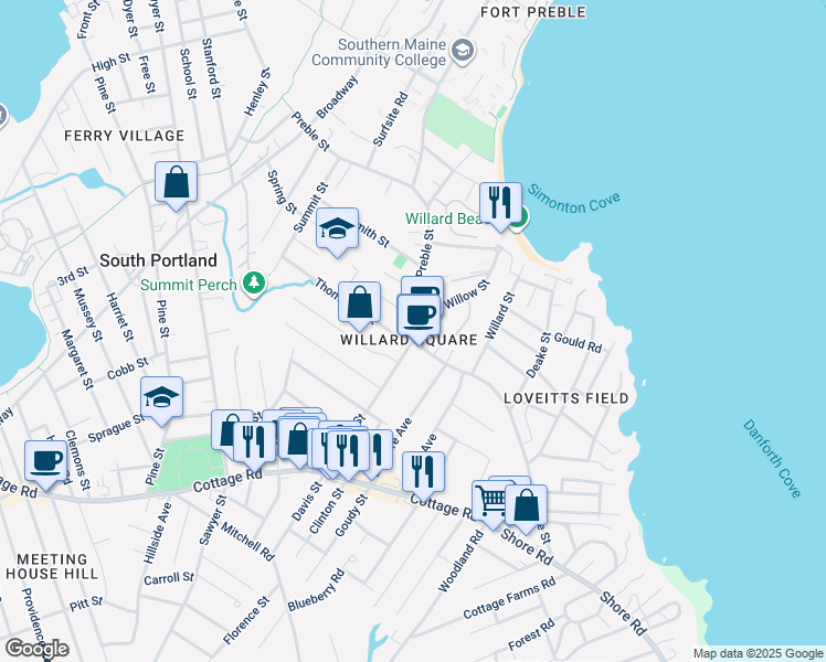 map of restaurants, bars, coffee shops, grocery stores, and more near in South Portland