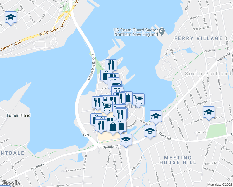 map of restaurants, bars, coffee shops, grocery stores, and more near 40 C Street in South Portland