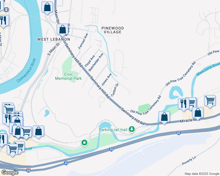 map of restaurants, bars, coffee shops, grocery stores, and more near 75 Seminary Hill Road in Lebanon