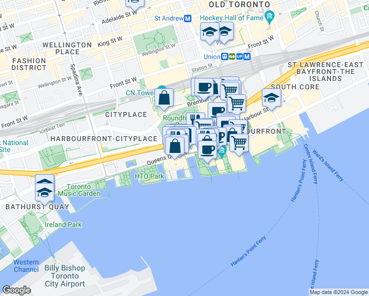map of restaurants, bars, coffee shops, grocery stores, and more near 250 Queens Quay West in Toronto