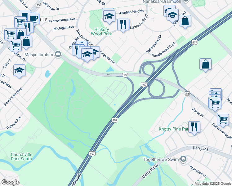 map of restaurants, bars, coffee shops, grocery stores, and more near in Brampton