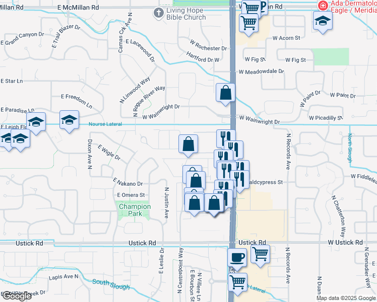 map of restaurants, bars, coffee shops, grocery stores, and more near 3780 North Centrepoint Way in Meridian