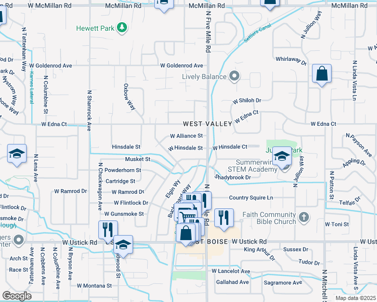 map of restaurants, bars, coffee shops, grocery stores, and more near 10733 West Hinsdale Street in Boise