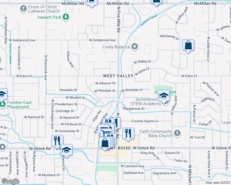 map of restaurants, bars, coffee shops, grocery stores, and more near 10609 West Hinsdale Street in Boise