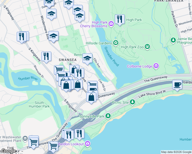 map of restaurants, bars, coffee shops, grocery stores, and more near 54 Coe Hill Drive in Toronto