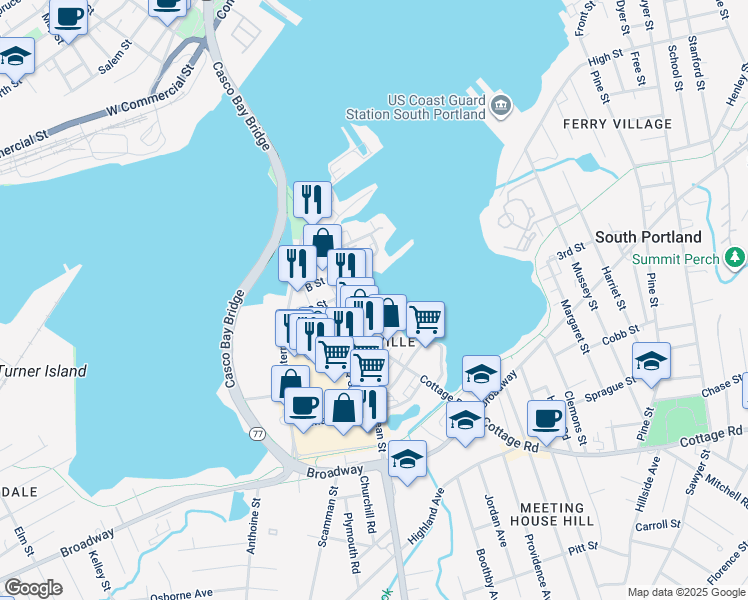 map of restaurants, bars, coffee shops, grocery stores, and more near 3 D Street in South Portland