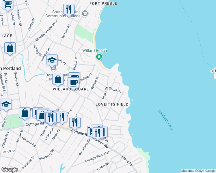 map of restaurants, bars, coffee shops, grocery stores, and more near 4 Gould Road in South Portland