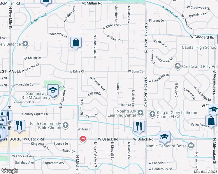 map of restaurants, bars, coffee shops, grocery stores, and more near 3810 North Pepperwood Drive in Boise