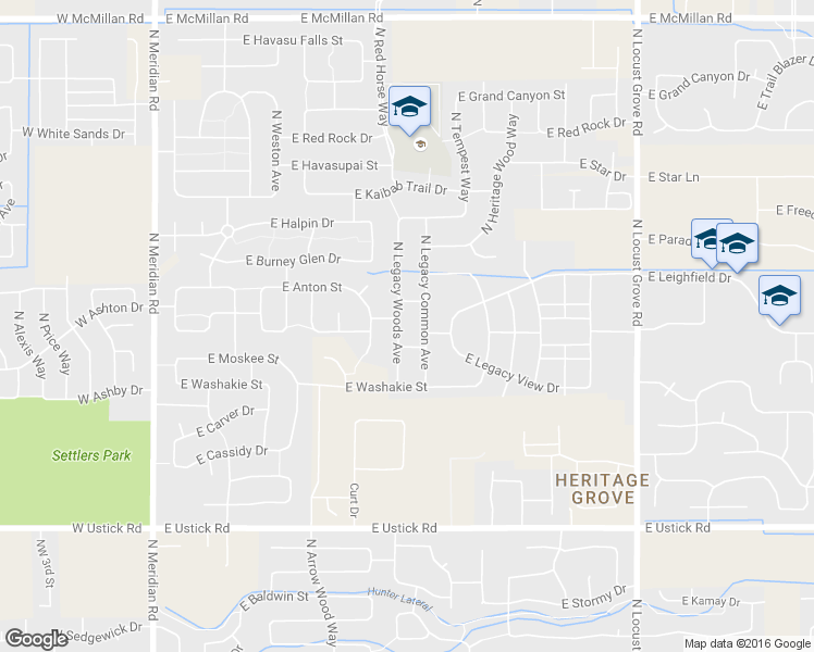 map of restaurants, bars, coffee shops, grocery stores, and more near 3840 North Legacy Woods Avenue in Meridian