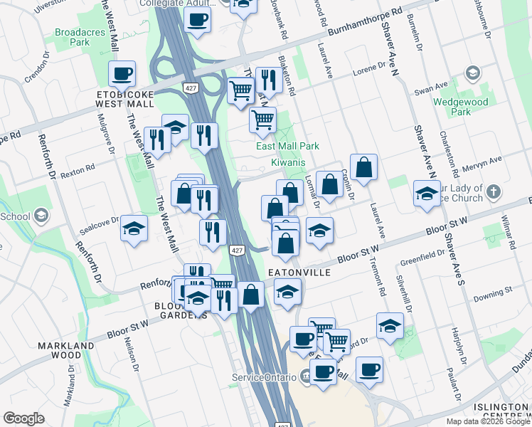 map of restaurants, bars, coffee shops, grocery stores, and more near in Toronto