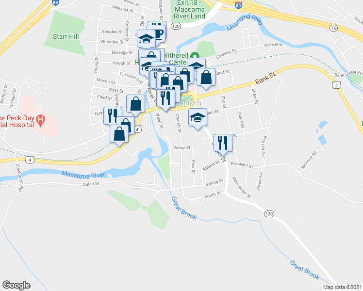 map of restaurants, bars, coffee shops, grocery stores, and more near 1 Valley Street in Lebanon