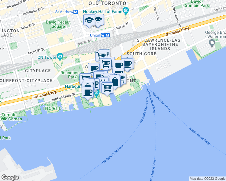 map of restaurants, bars, coffee shops, grocery stores, and more near Harbour Square in Toronto