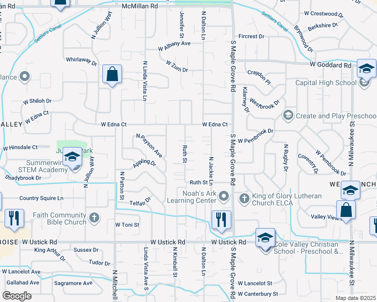 map of restaurants, bars, coffee shops, grocery stores, and more near 3810 North Patricia Lane in Boise