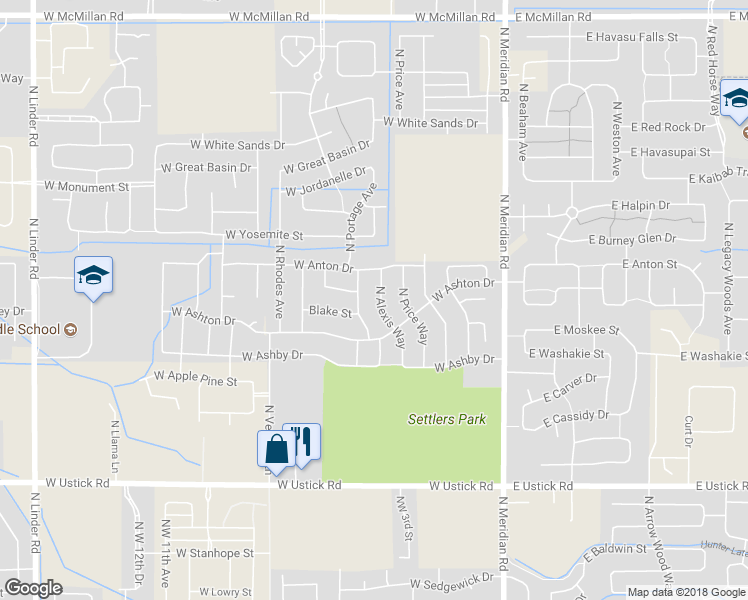 map of restaurants, bars, coffee shops, grocery stores, and more near 3859 North Alexis Way in Meridian