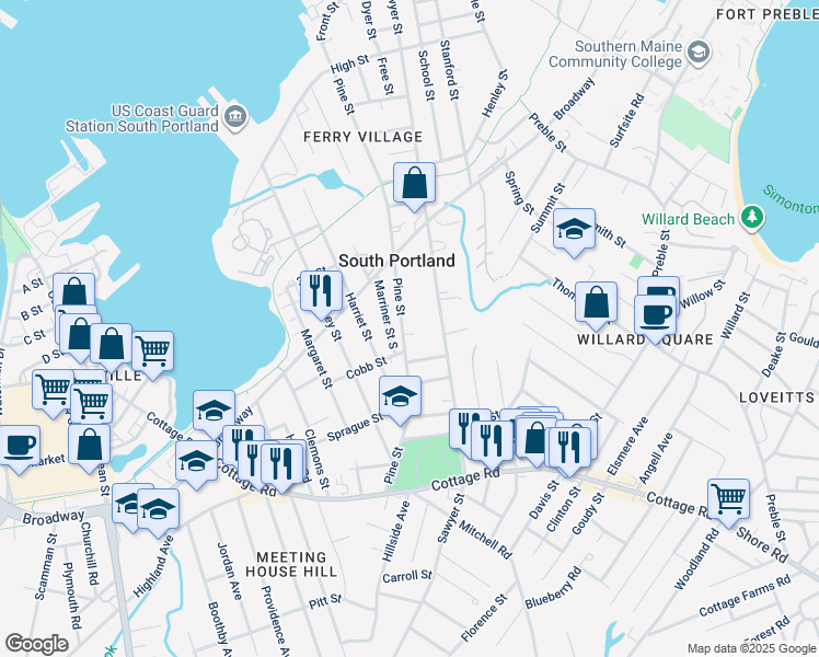 map of restaurants, bars, coffee shops, grocery stores, and more near 256 Pine Street in South Portland
